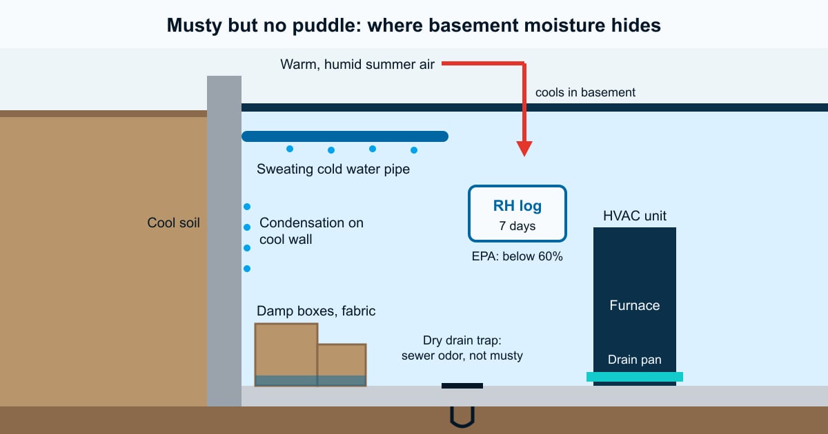 Diagram of condensation, damp storage, a dry drain trap and an HVAC pan as musty odor sources in an Akron basement
